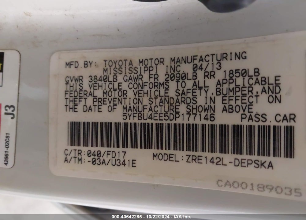 2013 TOYOTA COROLLA VIN: 5YFBU4EE5DP177146