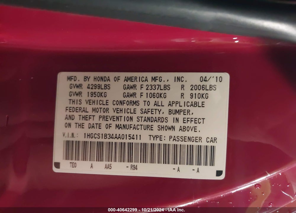 2010 HONDA ACCORD 2.4 LX-S VIN: 1HGCS1B34AA015411