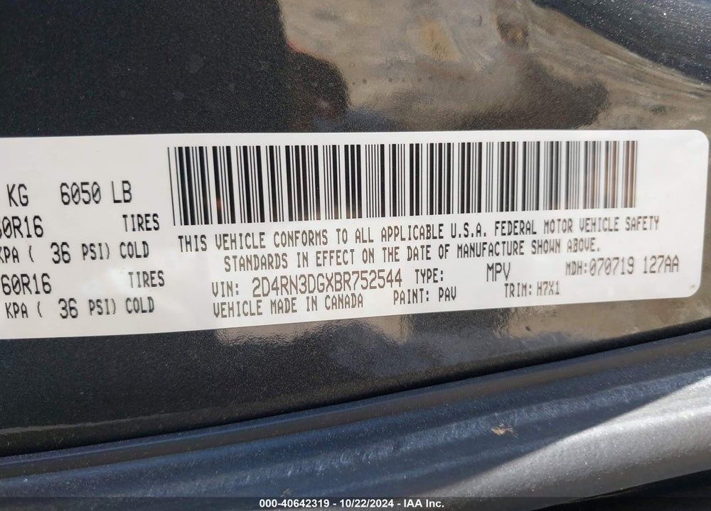2011 DODGE GRAND CARAVAN MAINSTREET VIN: 2D4RN3DGXBR752544