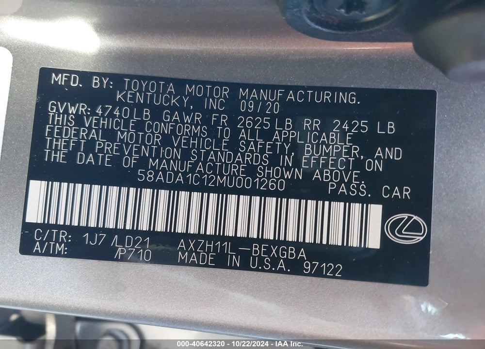 2021 LEXUS ES 300H VIN: 58ADA1C12MU001260