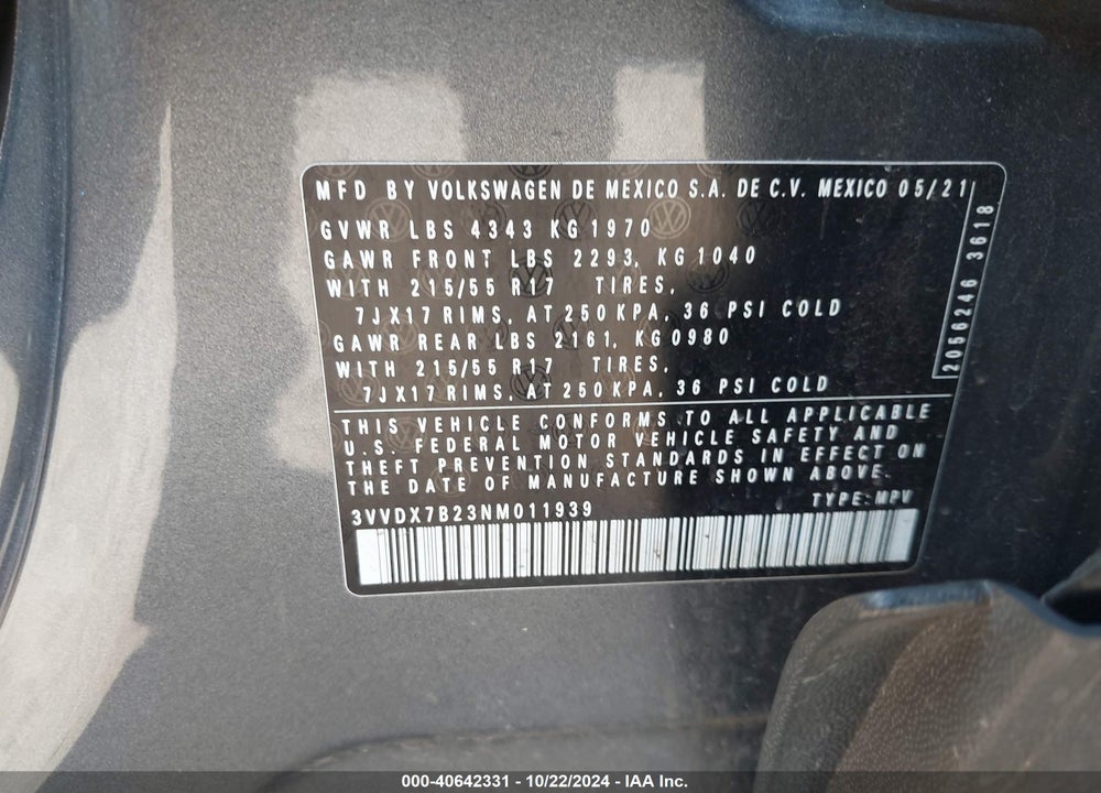 2022 VOLKSWAGEN TAOS 1.5T S VIN: 3VVDX7B23NM011939