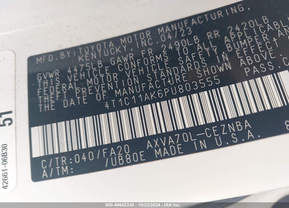 2023 TOYOTA CAMRY LE VIN: 4T1C11AK6PU803555