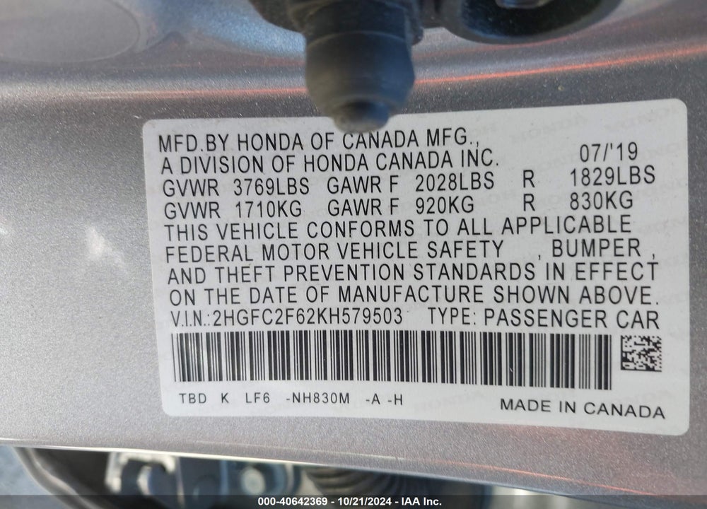 2019 HONDA CIVIC LX VIN: 2HGFC2F62KH579503