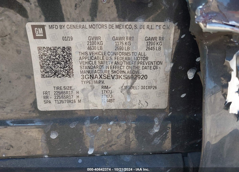 2019 CHEVROLET EQUINOX LS VIN: 3GNAXSEV3KS592920