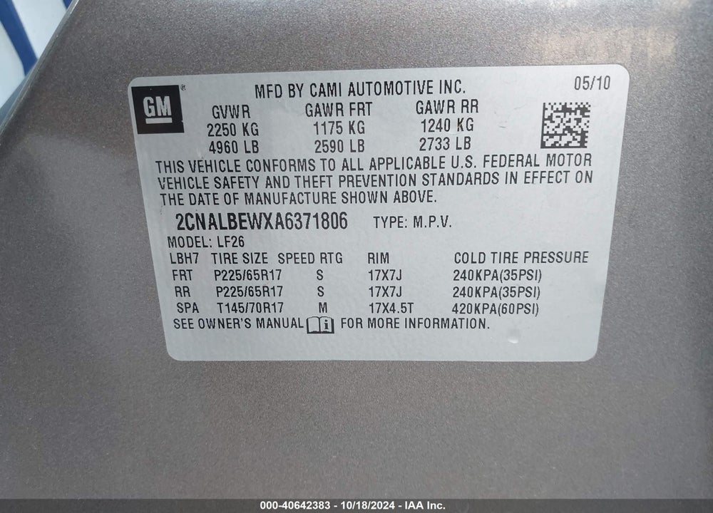 2010 CHEVROLET EQUINOX LS VIN: 2CNALBEWXA6371806