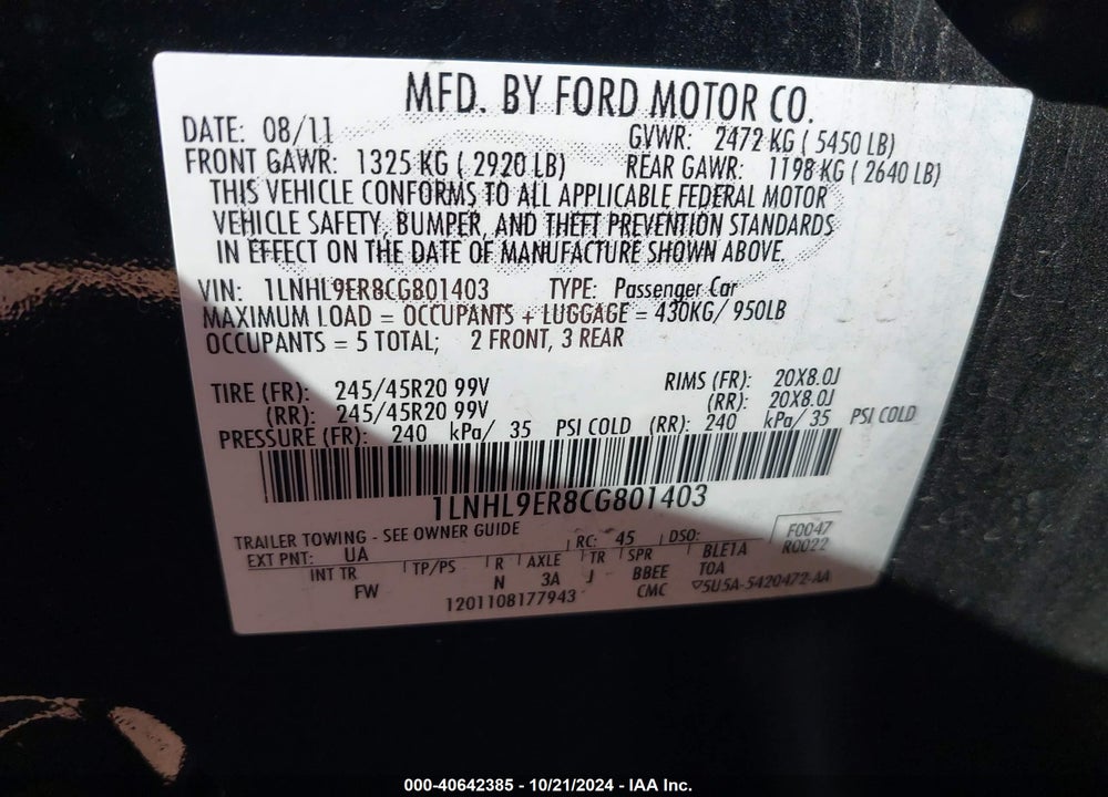 2012 LINCOLN MKS VIN: 1LNHL9ER8CG801403