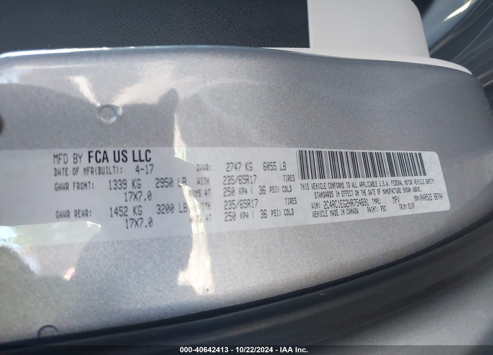 2017 CHRYSLER PACIFICA TOURING L PLUS VIN: 2C4RC1EG2HR754691