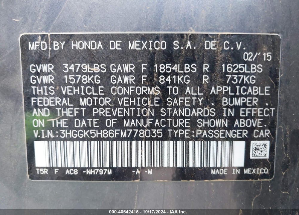 2015 HONDA FIT EX/EX-L VIN: 3HGGK5H86FM778035