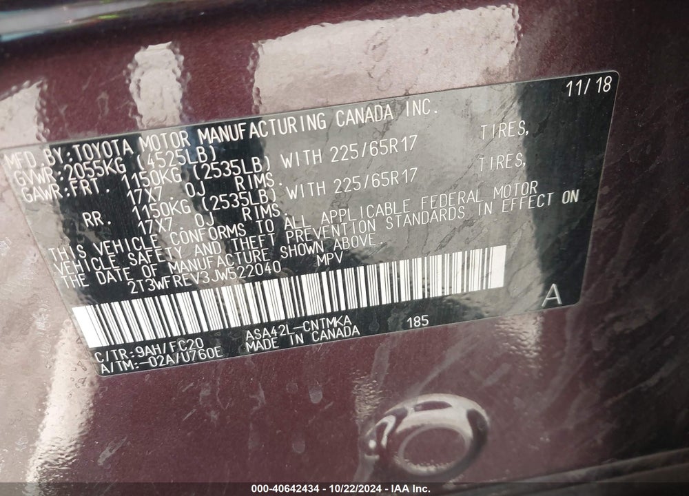 2018 TOYOTA RAV4 XLE VIN: 2T3WFREV3JW522040