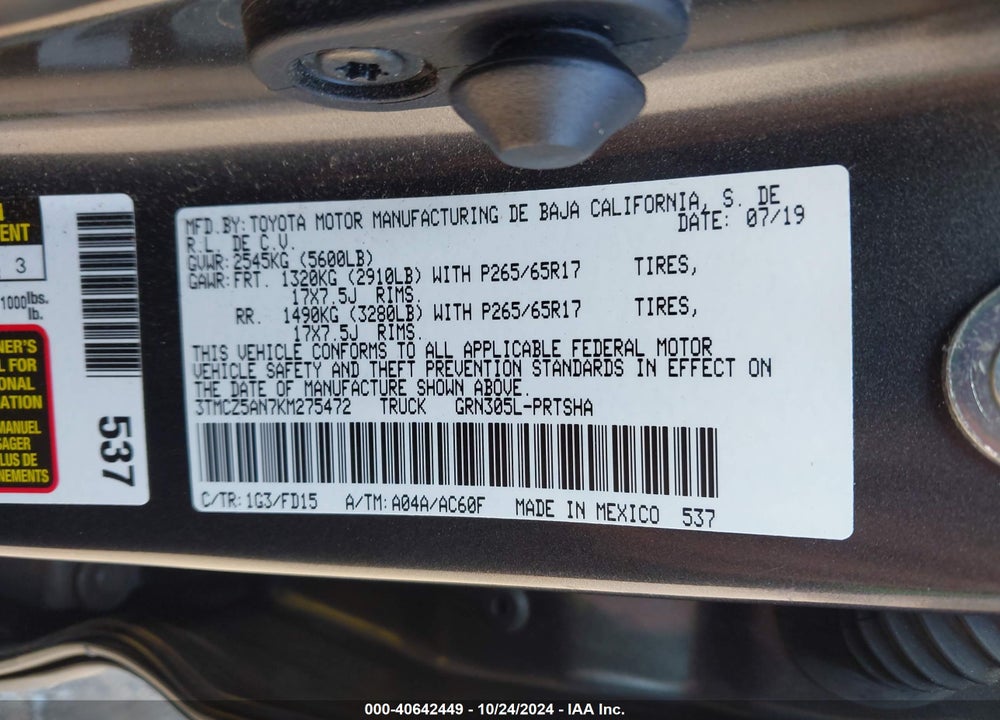 2019 TOYOTA TACOMA TRD SPORT VIN: 3TMCZ5AN7KM275472