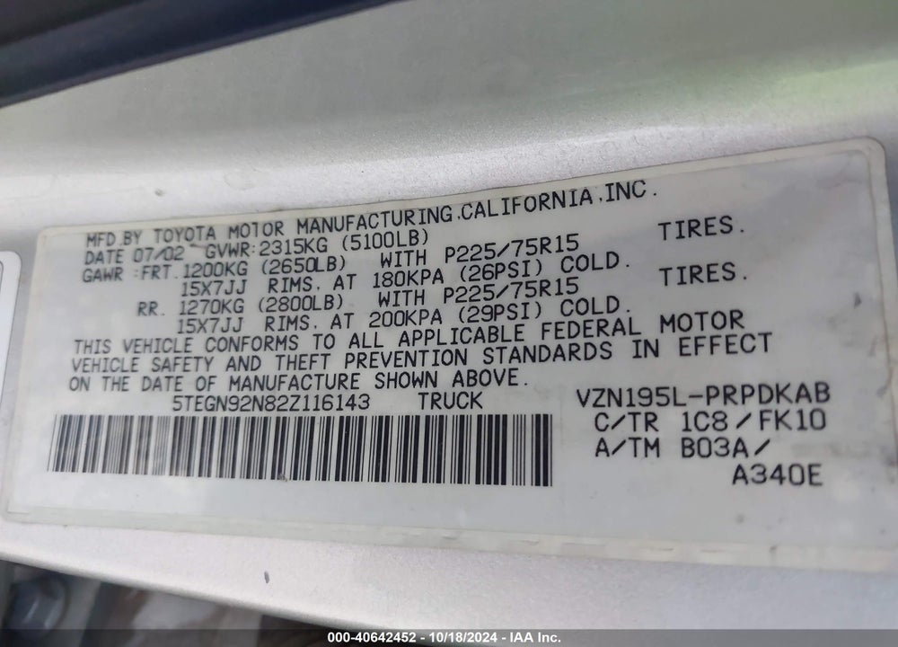 2002 TOYOTA TACOMA PRERUNNER V6 VIN: 5TEGN92N82Z116143