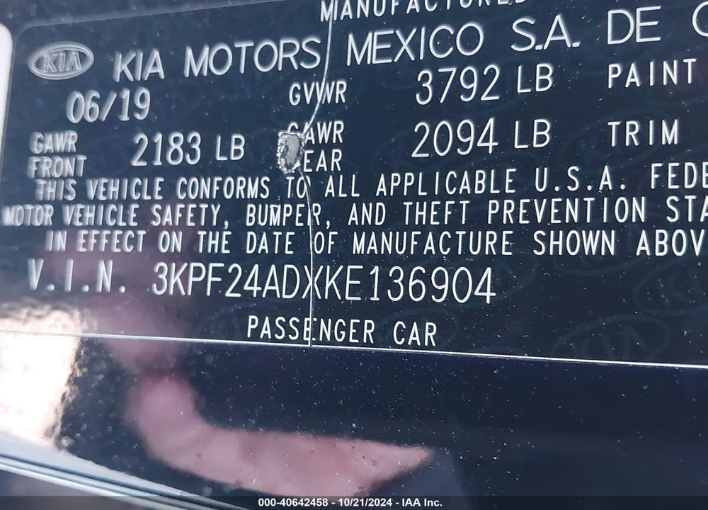 2019 KIA FORTE LXS VIN: 3KPF24ADXKE136904