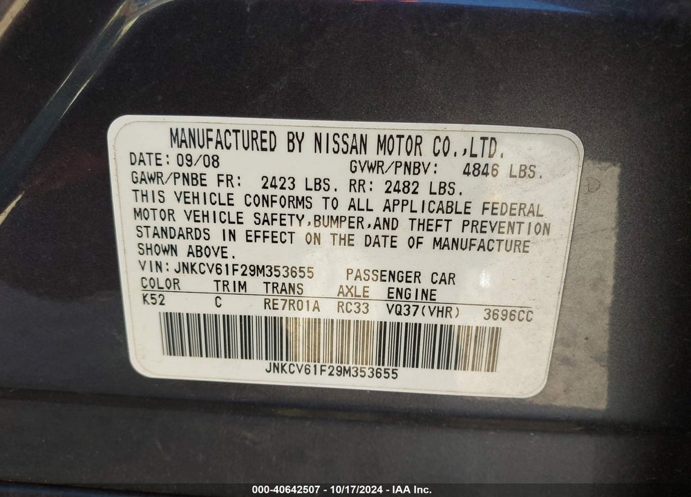 2009 INFINITI G37X VIN: JNKCV61F29M353655