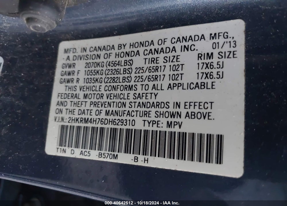 2013 HONDA CR-V EX-L VIN: 2HKRM4H76DH629310