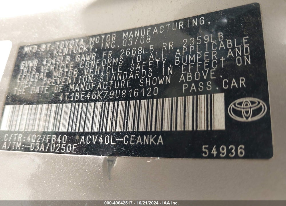 2009 TOYOTA CAMRY LE VIN: 4T1BE46K79U816120