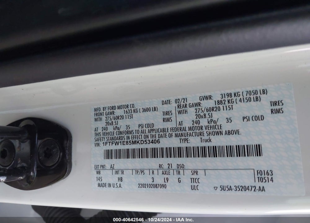 2021 FORD F-150 LARIAT VIN: 1FTFW1E85MKD53406