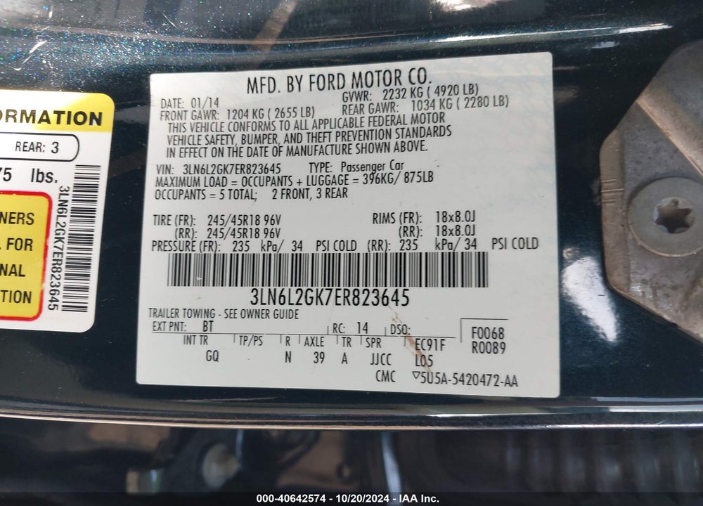 2014 LINCOLN MKZ VIN: 3LN6L2GK7ER823645