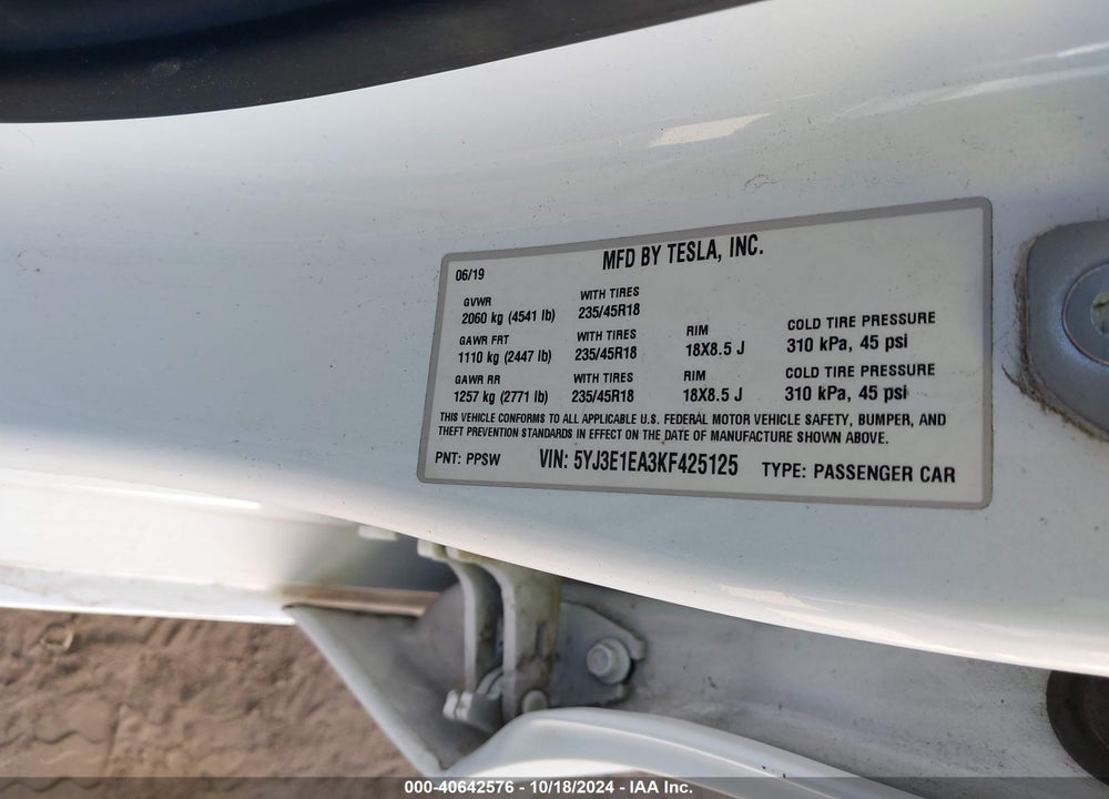 2019 TESLA MODEL 3 LONG RANGE/MID RANGE/STANDARD RANGE/STANDARD RANGE PLUS VIN: 5YJ3E1EA3KF425125