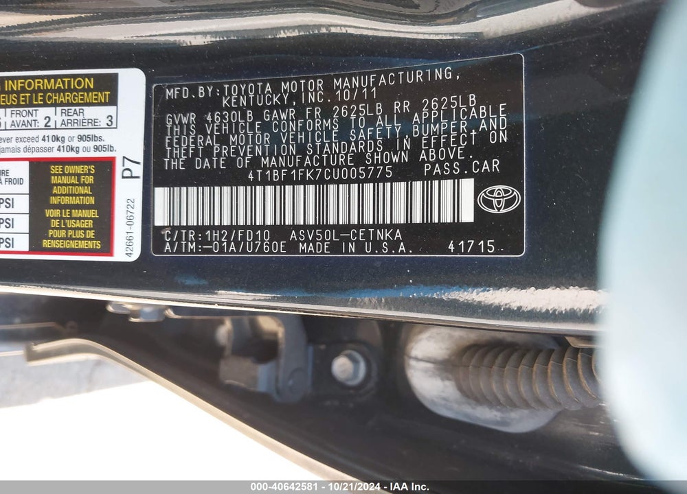 2012 TOYOTA CAMRY LE VIN: 4T1BF1FK7CU005775