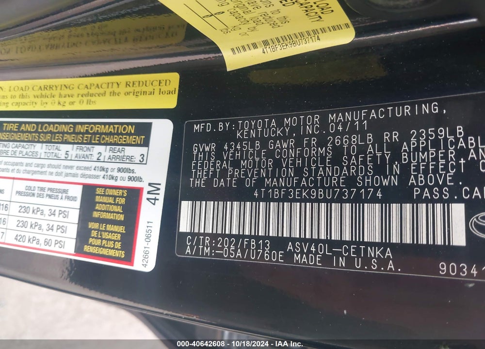 2011 TOYOTA CAMRY LE VIN: 4T1BF3EK9BU737174