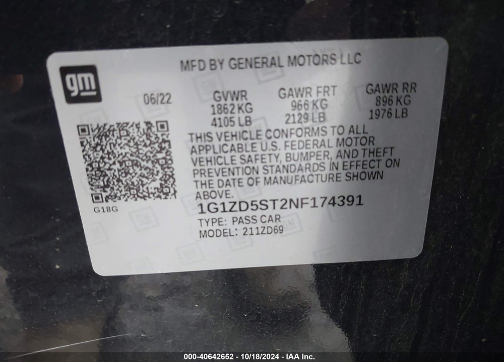 2022 CHEVROLET MALIBU FWD LT VIN: 1G1ZD5ST2NF174391