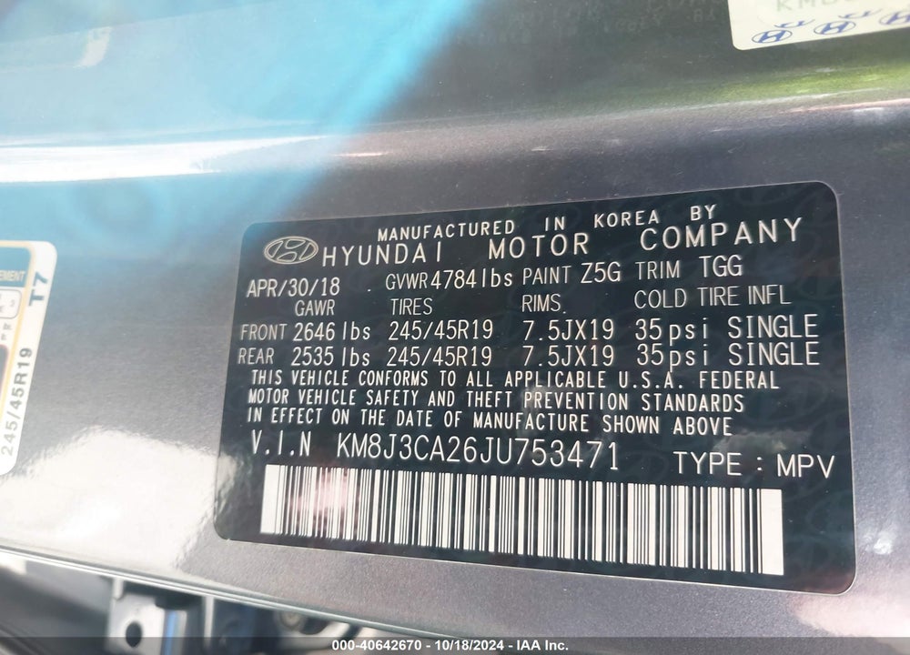 2018 HYUNDAI TUCSON VALUE VIN: KM8J3CA26JU753471