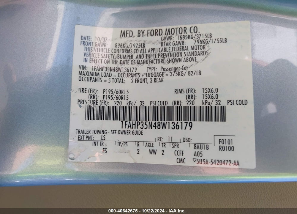 2008 FORD FOCUS SE/SES VIN: 1FAHP35N48W136179