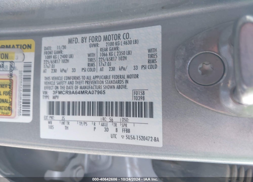 2021 FORD BRONCO SPORT VIN: 3FMCR9A64MRA07965