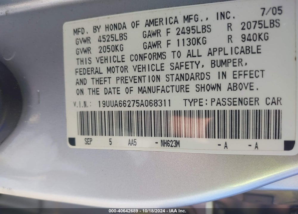 2005 ACURA TL VIN: 19UUA66275A068311