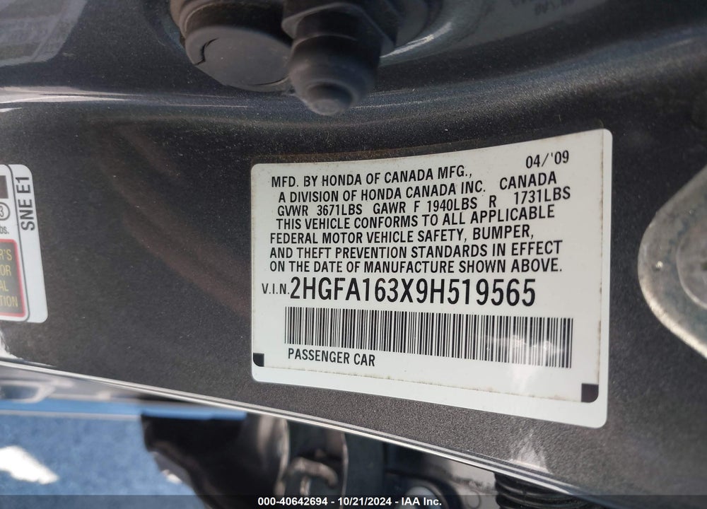 2009 HONDA CIVIC VP VIN: 2HGFA163X9H519565
