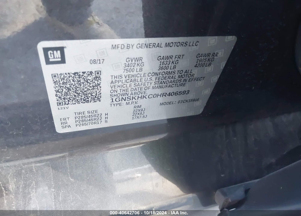 2017 CHEVROLET SUBURBAN LT VIN: 1GNSKHKC0HR406593