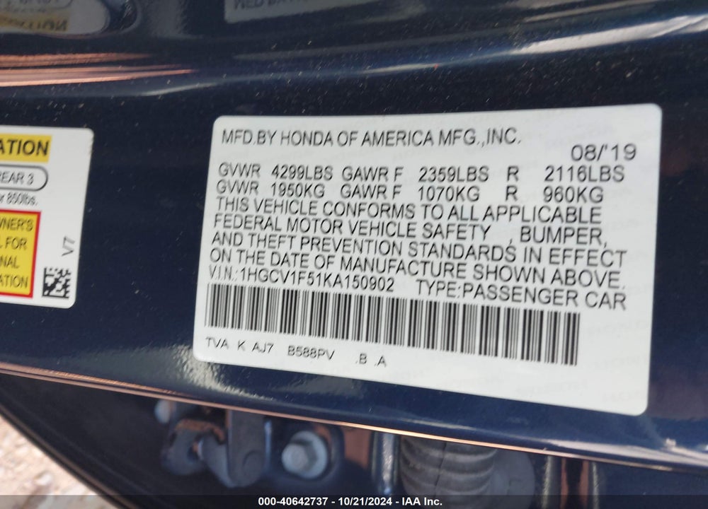 2019 HONDA ACCORD EX-L VIN: 1HGCV1F51KA150902