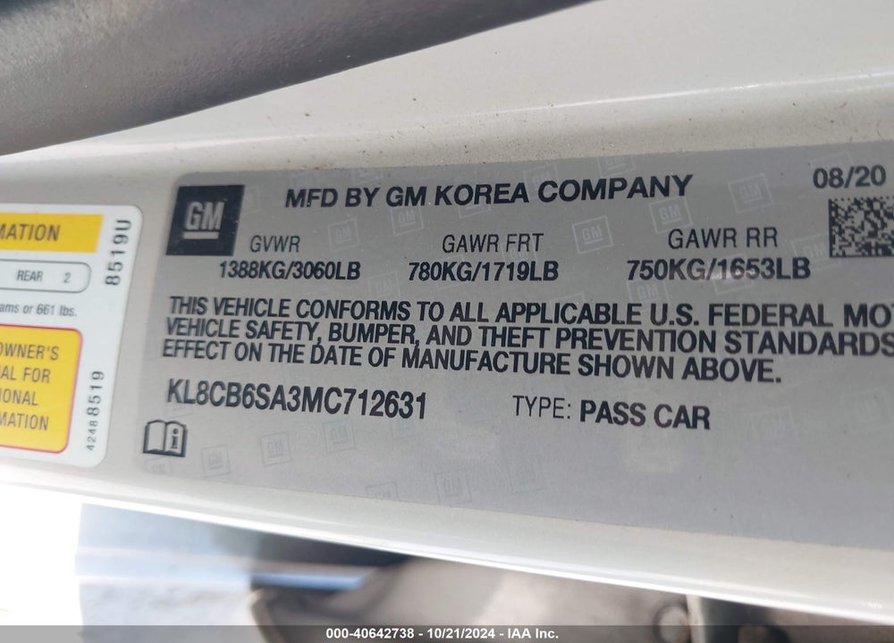 2021 CHEVROLET SPARK FWD LS AUTOMATIC VIN: KL8CB6SA3MC712631
