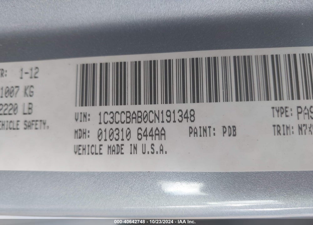 2012 CHRYSLER 200 LX VIN: 1C3CCBAB0CN191348