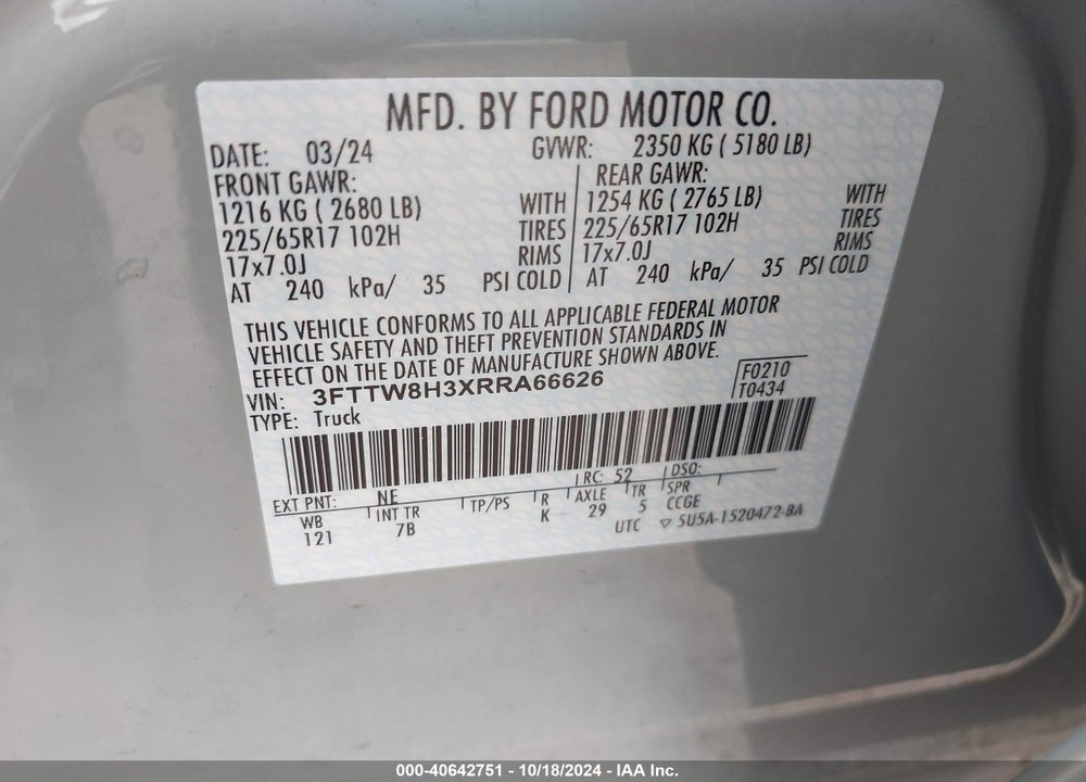 2024 FORD MAVERICK XLT VIN: 3FTTW8H3XRRA66626