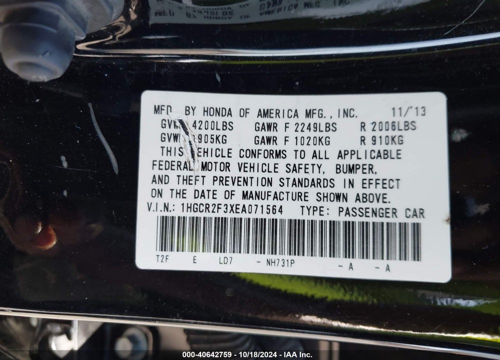 2014 HONDA ACCORD LX VIN: 1HGCR2F3XEA071564