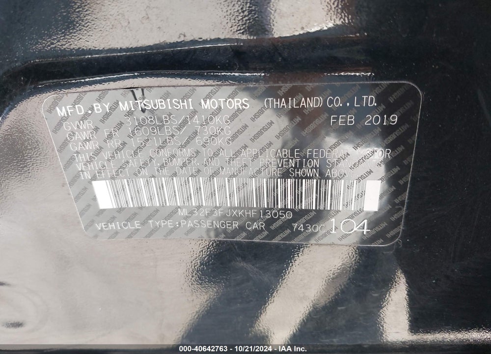 2019 MITSUBISHI MIRAGE G4 ES VIN: ML32F3FJXKHF13050