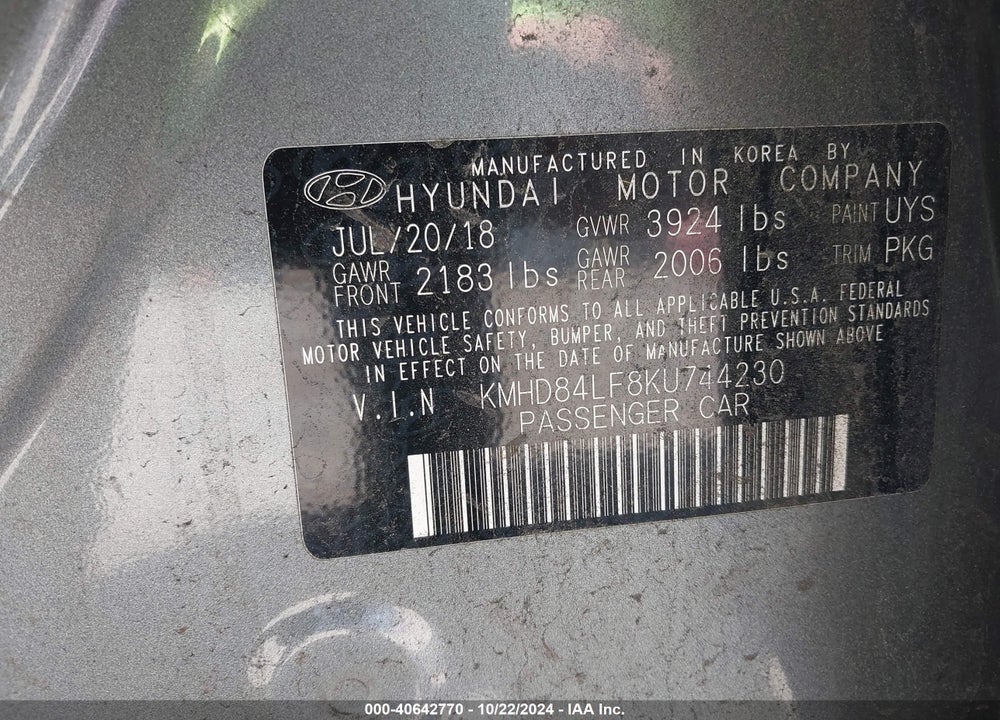 2019 HYUNDAI ELANTRA SEL VIN: KMHD84LF8KU744230