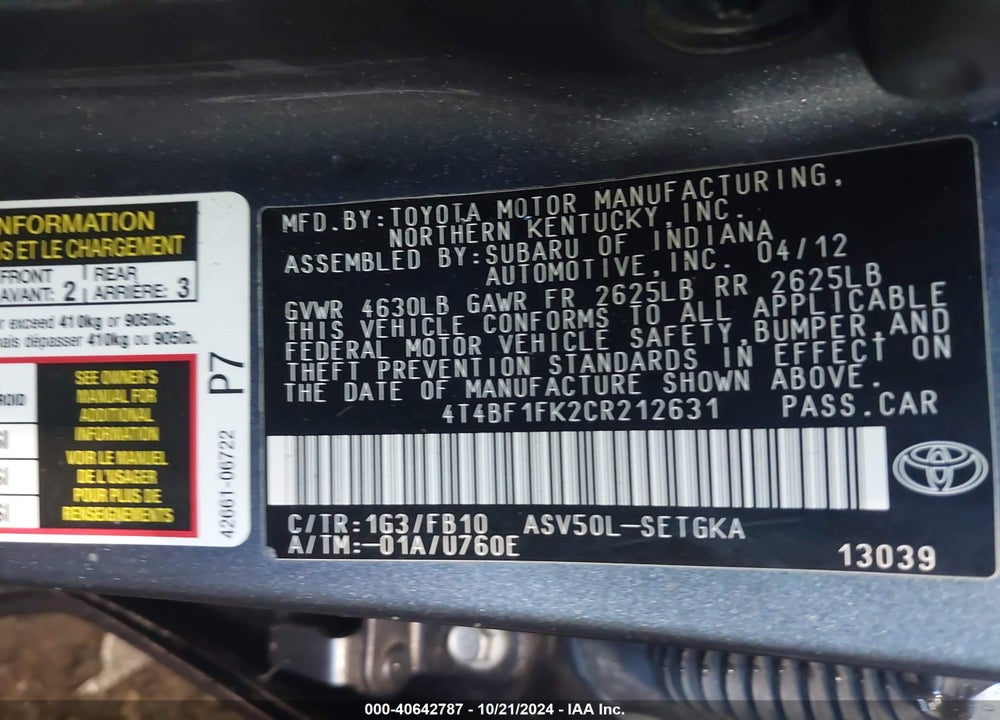 2012 TOYOTA CAMRY XLE VIN: 4T4BF1FK2CR212631