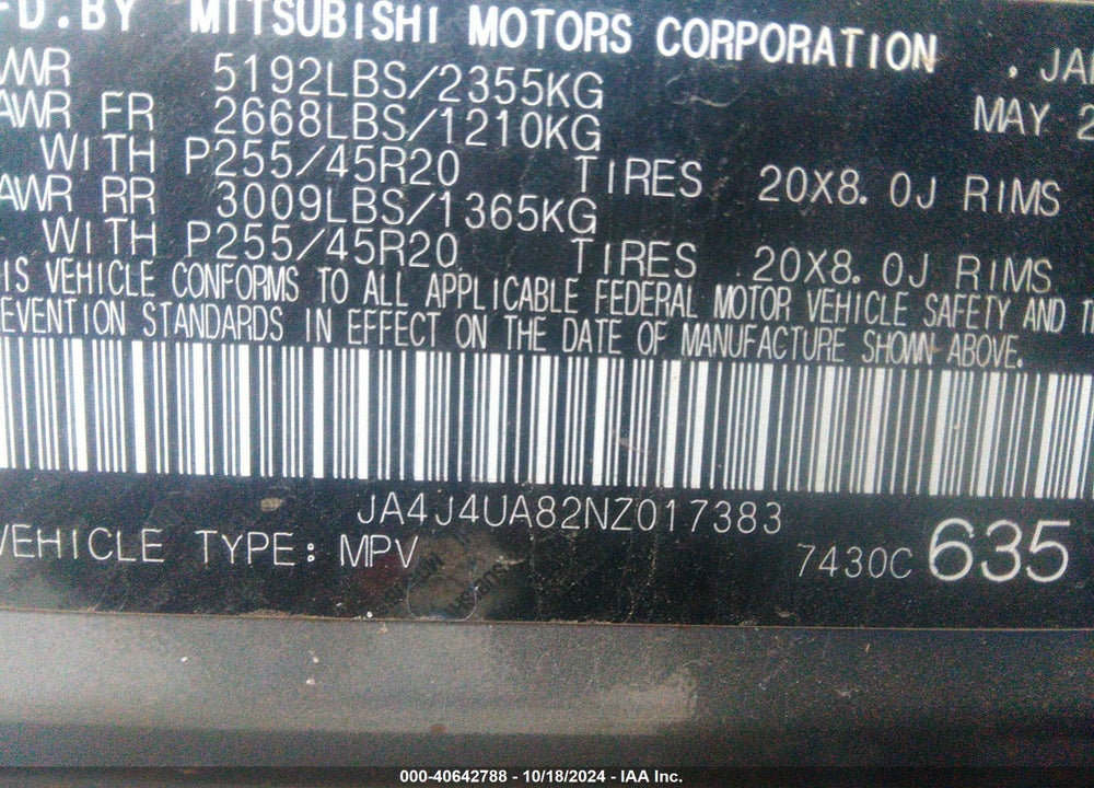 2022 MITSUBISHI OUTLANDER BLACK EDITION /SE 2.5 /SE LAUNCH EDITION VIN: JA4J4UA82NZ017383