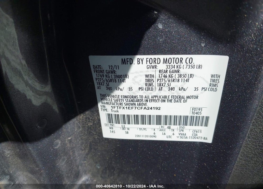 2012 FORD F-150 FX4 VIN: 1FTFX1EF7CFA24192