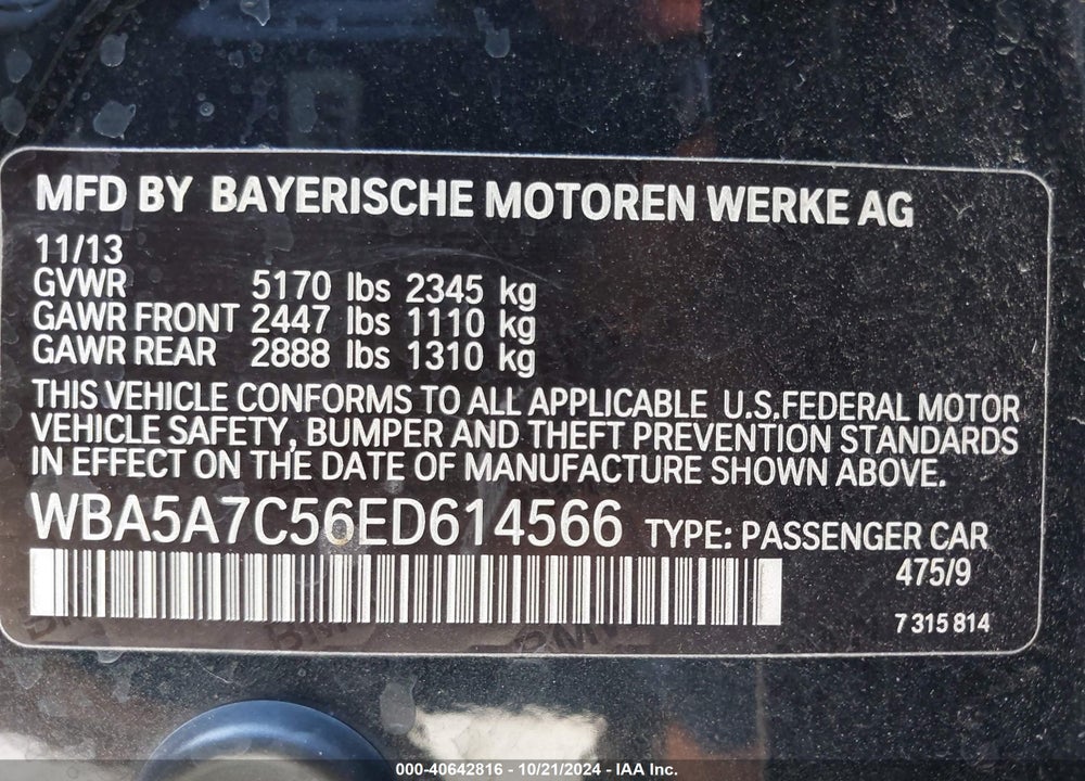 2014 BMW 528I XDRIVE VIN: WBA5A7C56ED614566