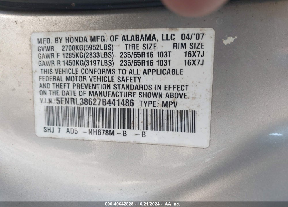 2007 HONDA ODYSSEY EX-L VIN: 5FNRL38627B441486