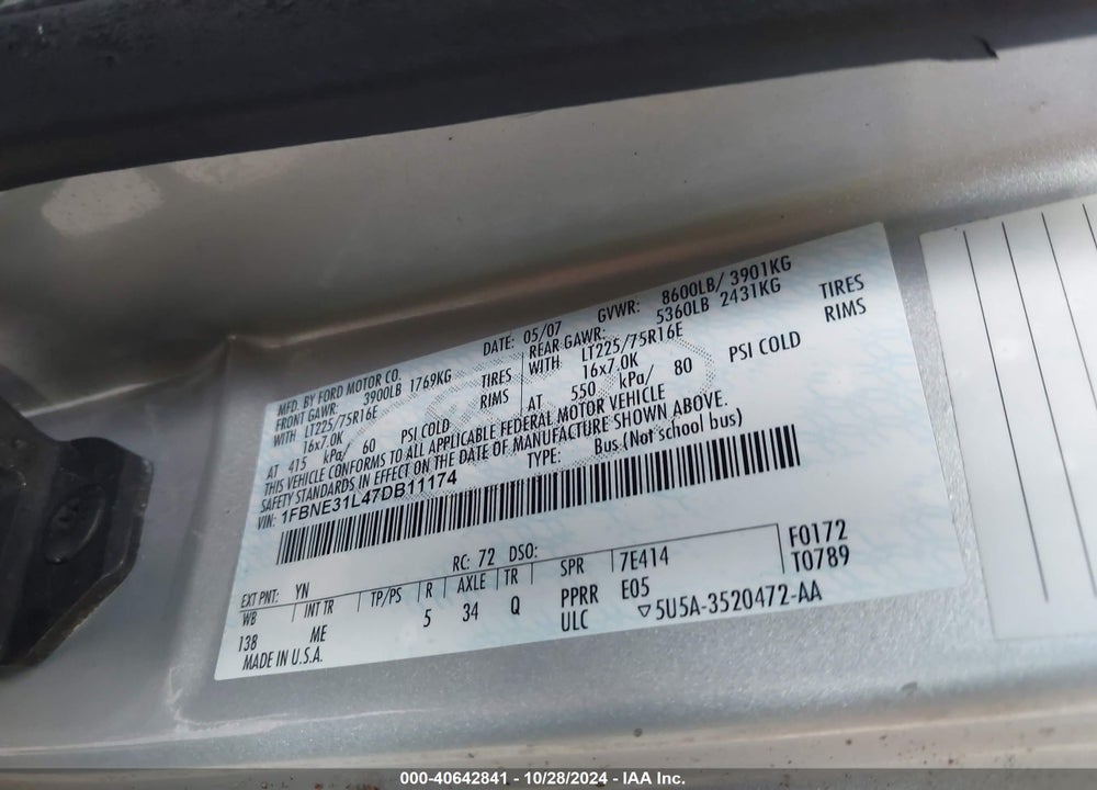 2007 FORD E-350 SUPER DUTY XL/XLT VIN: 1FBNE31L47DB11174