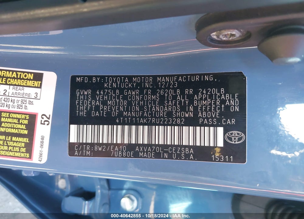 2024 TOYOTA CAMRY SE VIN: 4T1T11AK7RU223282