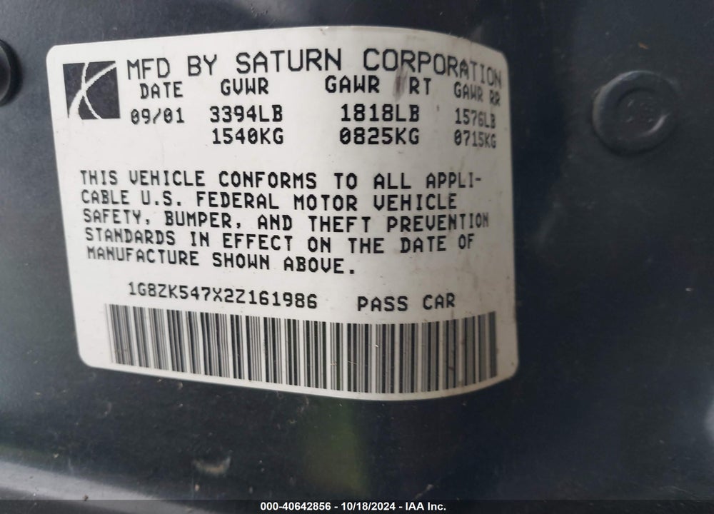 2002 SATURN S-SERIES SL2 VIN: 1G8ZK547X2Z161986
