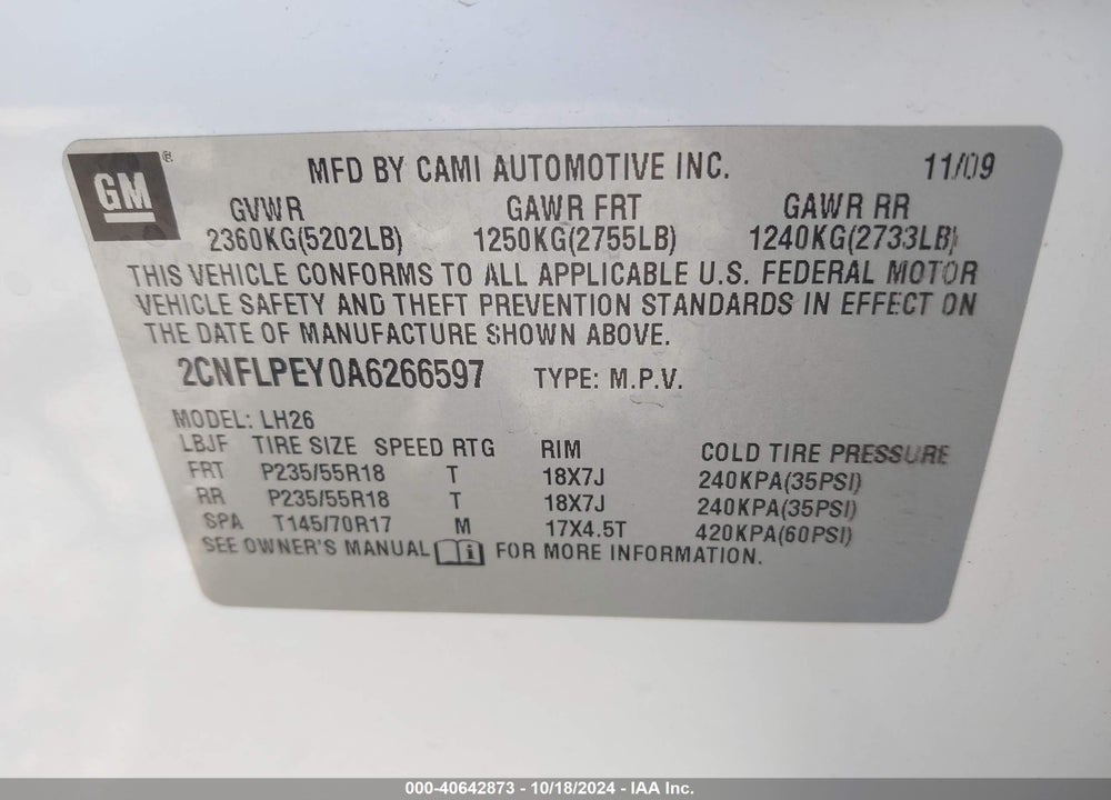 2010 CHEVROLET EQUINOX LT VIN: 2CNFLPEY0A6266597