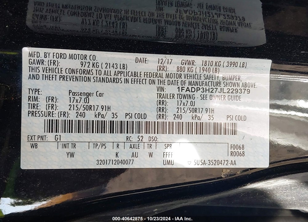 2018 FORD FOCUS SEL VIN: 1FADP3H27JL229379