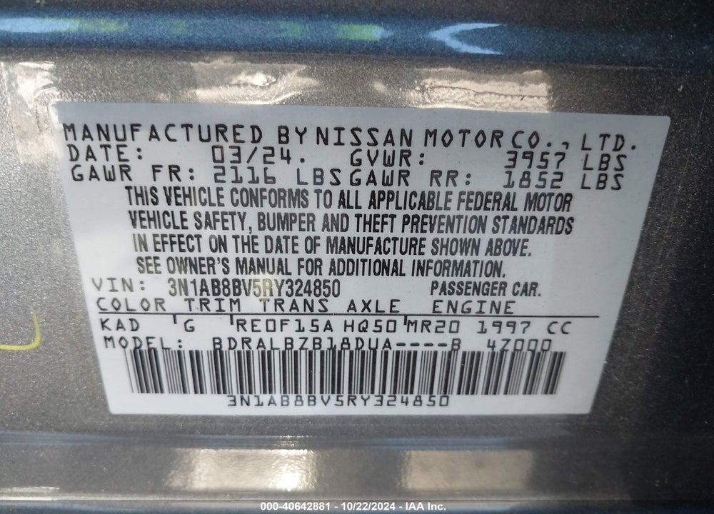 2024 NISSAN SENTRA S XTRONIC CVT VIN: 3N1AB8BV5RY324850