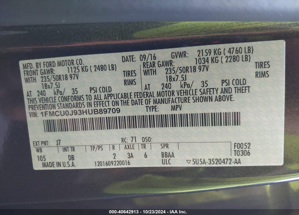 2017 FORD ESCAPE TITANIUM VIN: 1FMCU0J93HUB89709